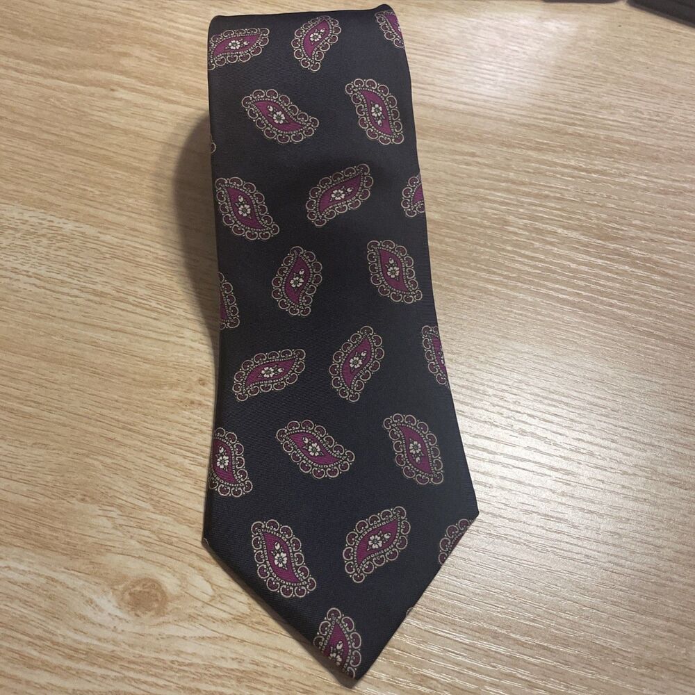 Stafford Men Tie Silk Italian Made In Portugal Paisley Medallion Black Burgundy
